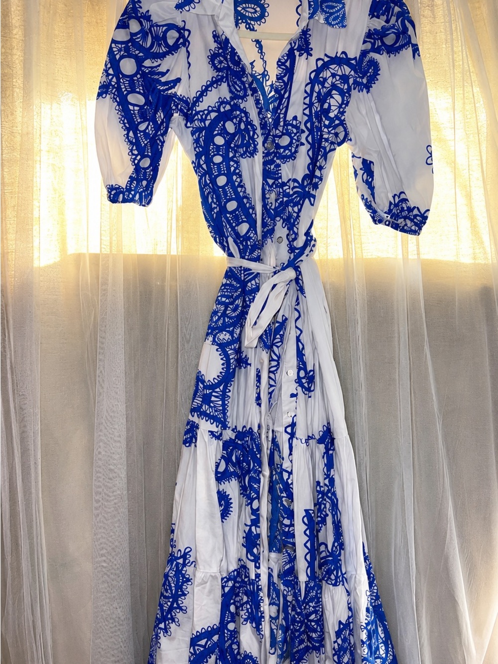 Adolfo White Maxi Dress with Cobalt Blue Pattern and Tie Waist